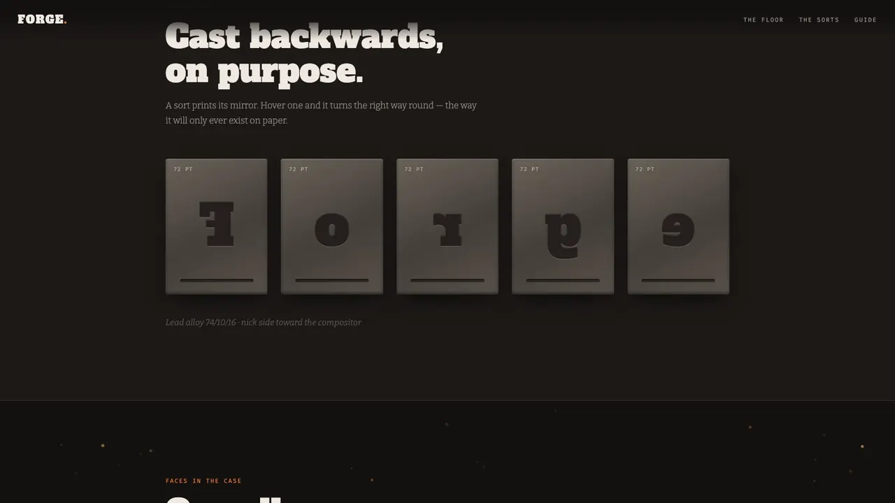 A deeper section of the FORGE metal type foundry website concept on a desktop screen