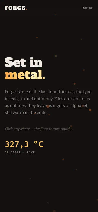 The FORGE metal type foundry website concept on a phone