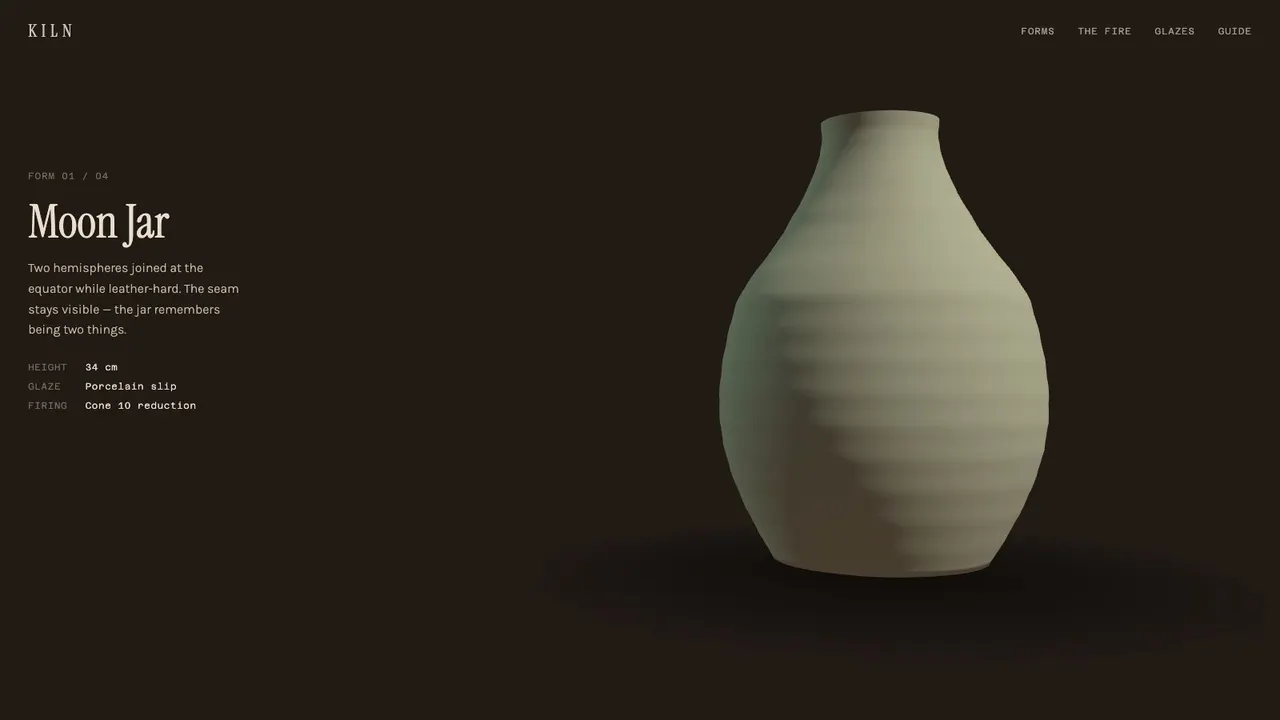 A section further down the KILN stoneware studio website concept on a desktop screen