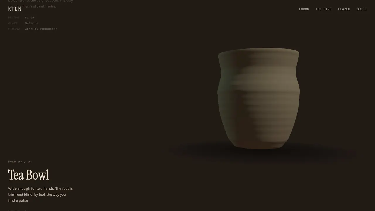 A deeper section of the KILN stoneware studio website concept on a desktop screen
