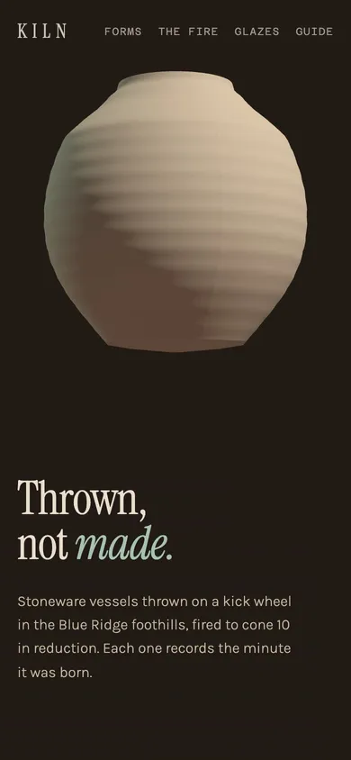 The KILN stoneware studio website concept on a phone