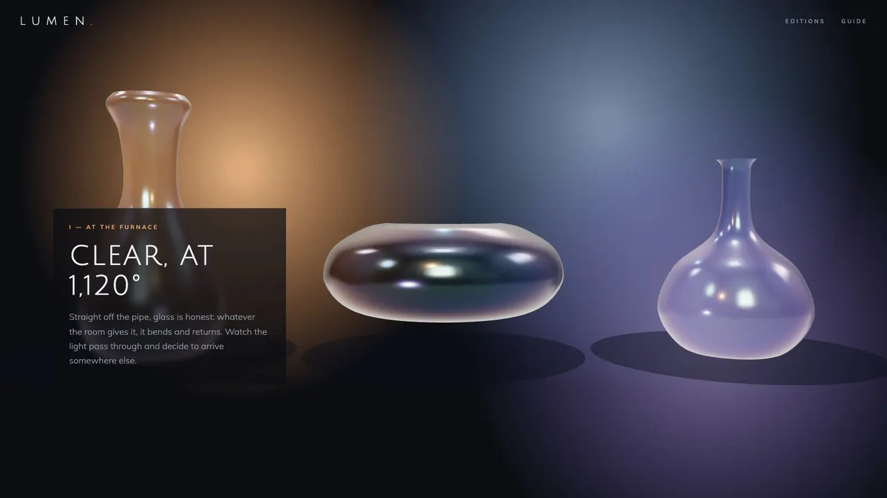 A section further down the LUMEN glassblowing studio website concept on a desktop screen