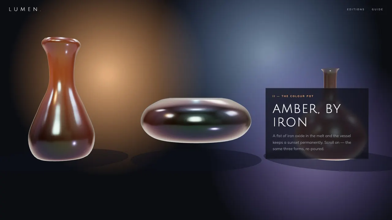 A deeper section of the LUMEN glassblowing studio website concept on a desktop screen