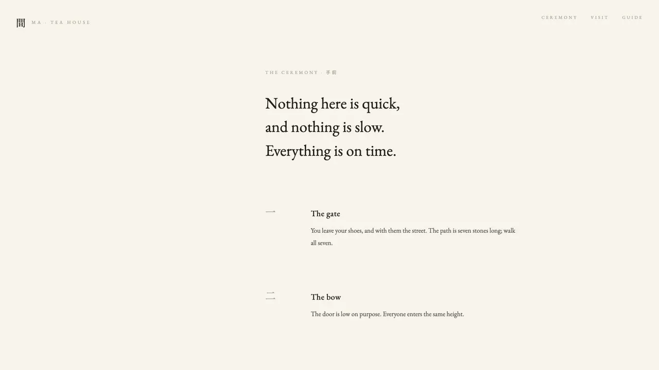 A section further down the MA 間 wabi-sabi tea house website concept on a desktop screen
