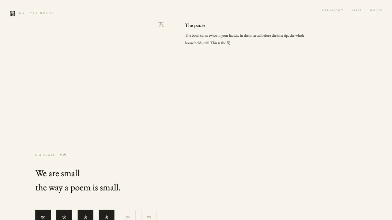A deeper section of the MA 間 wabi-sabi tea house website concept on a desktop screen