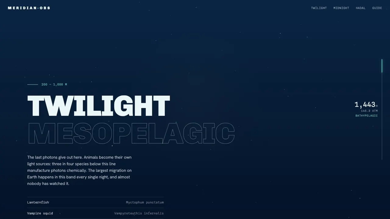 A section further down the MERIDIAN hadal ocean research station website concept on a desktop screen
