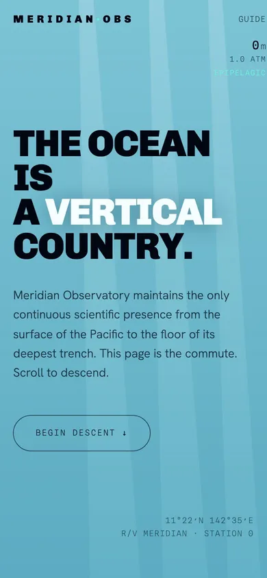 The MERIDIAN hadal ocean research station website concept on a phone
