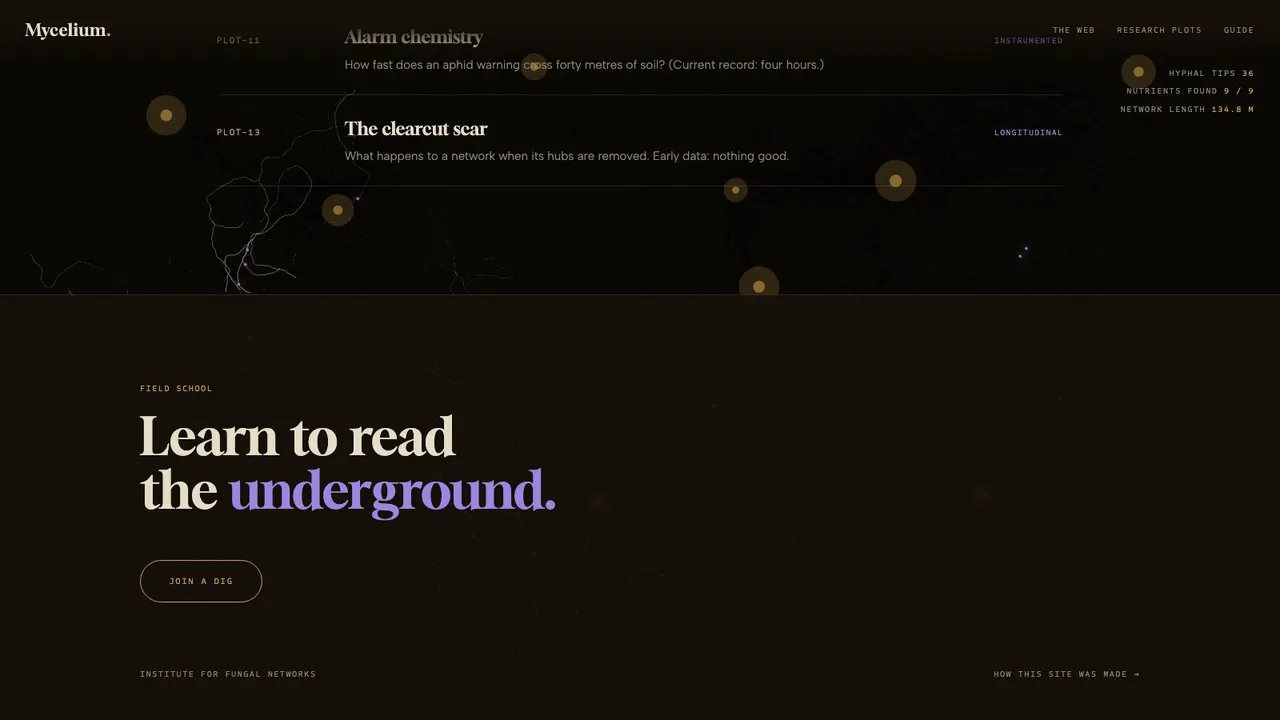 A deeper section of the MYCELIUM fungal-network institute website concept on a desktop screen