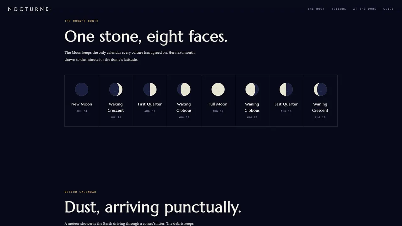 A section further down the NOCTURNE planetarium almanac website concept on a desktop screen