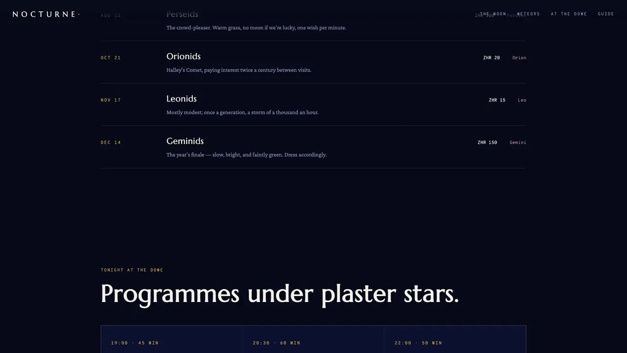 A deeper section of the NOCTURNE planetarium almanac website concept on a desktop screen
