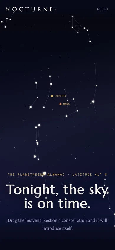 The NOCTURNE planetarium almanac website concept on a phone