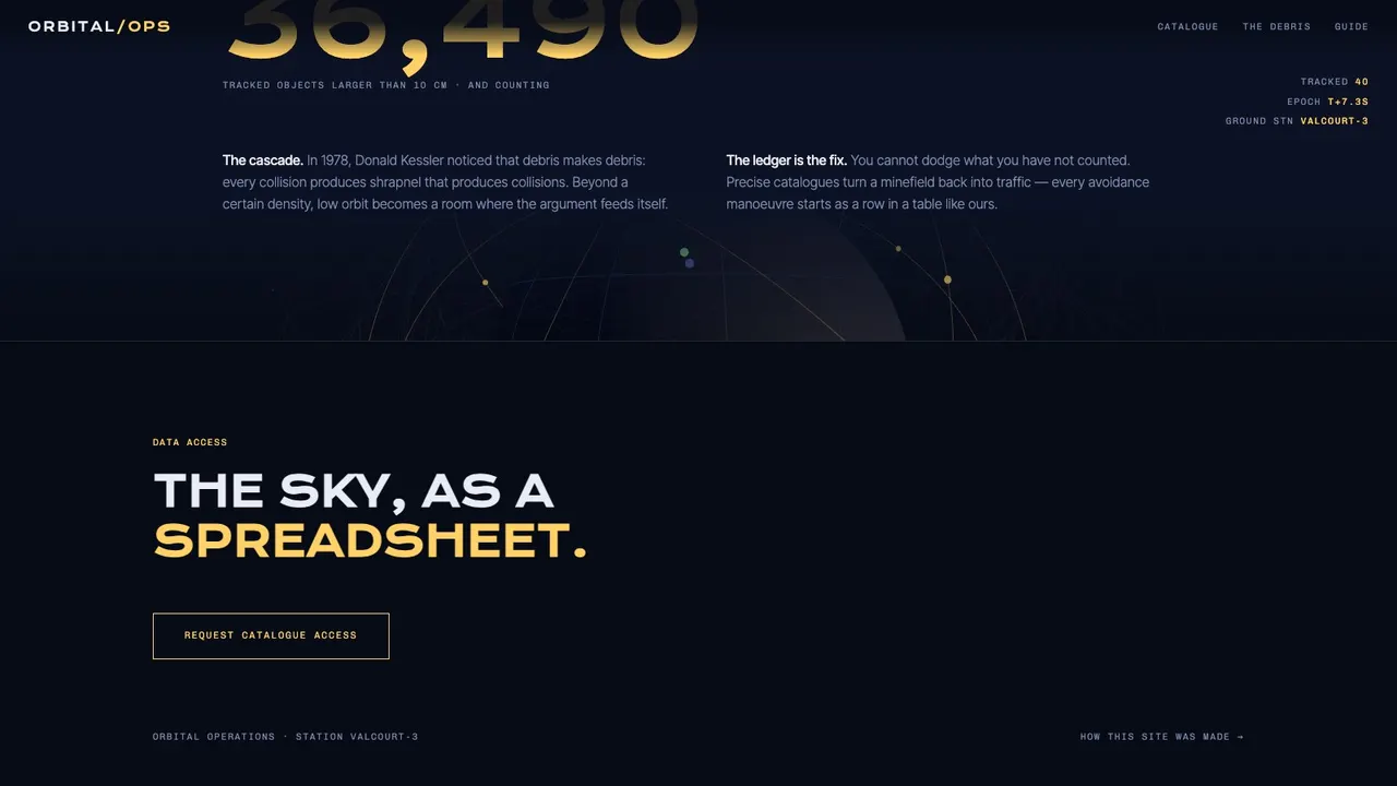 A deeper section of the ORBITAL satellite tracking desk website concept on a desktop screen