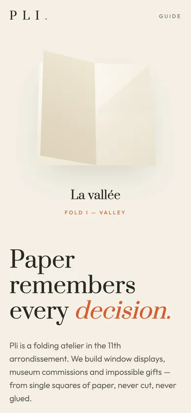 The PLI origami atelier website concept on a phone