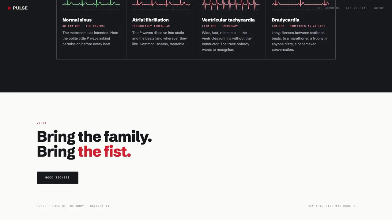 A deeper section of the PULSE cardiology exhibition website concept on a desktop screen