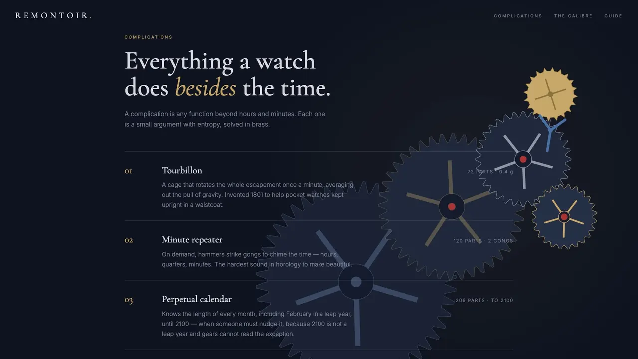 A section further down the REMONTOIR horology atelier website concept on a desktop screen