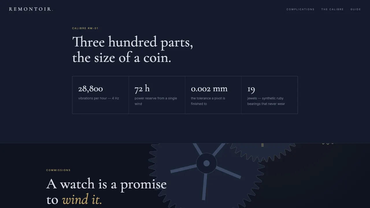 A deeper section of the REMONTOIR horology atelier website concept on a desktop screen