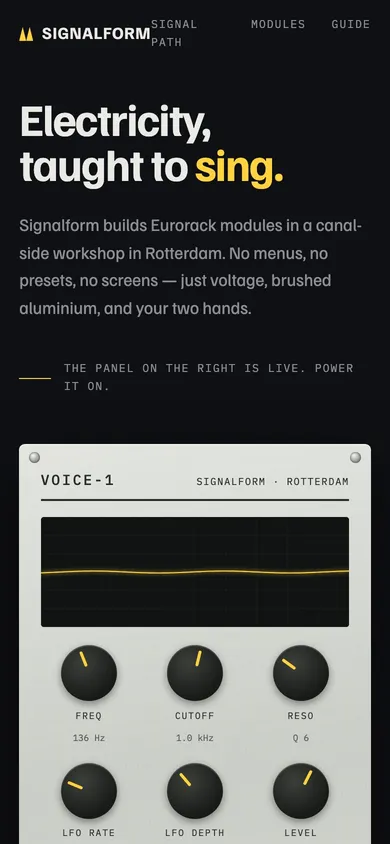 The SIGNALFORM eurorack synth maker website concept on a phone