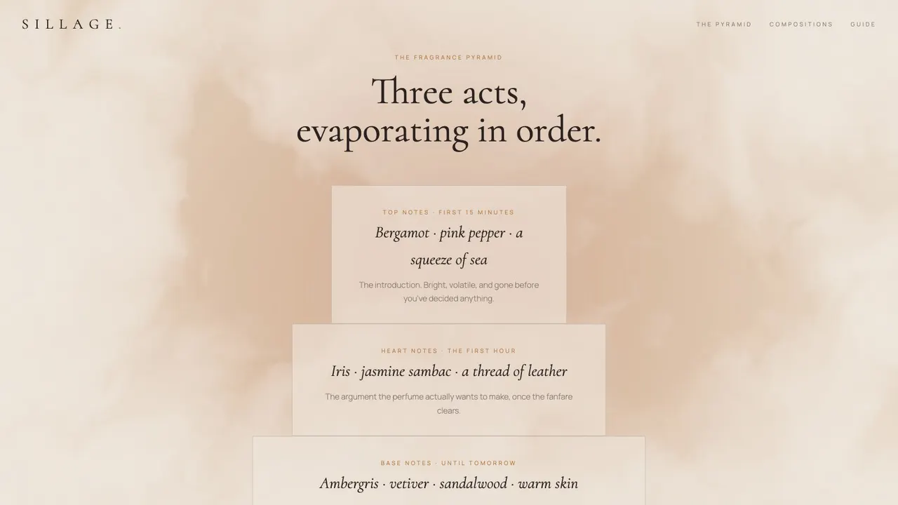 A section further down the SILLAGE grasse perfumery website concept on a desktop screen