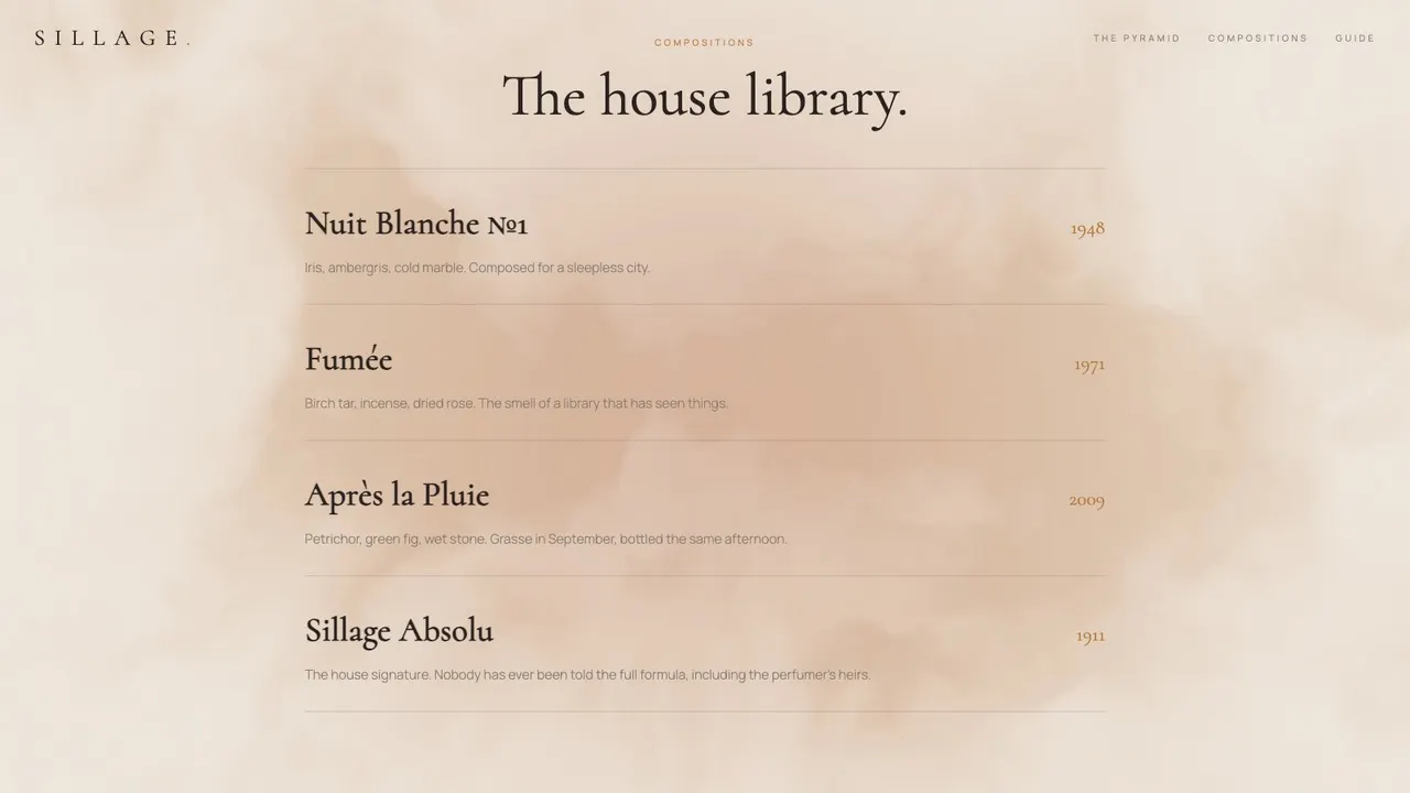 A deeper section of the SILLAGE grasse perfumery website concept on a desktop screen