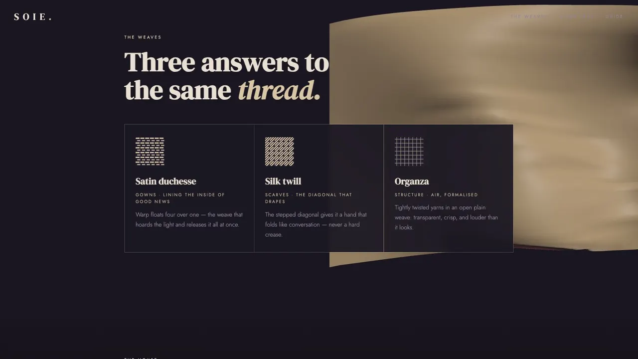 A section further down the SOIE silk maison website concept on a desktop screen