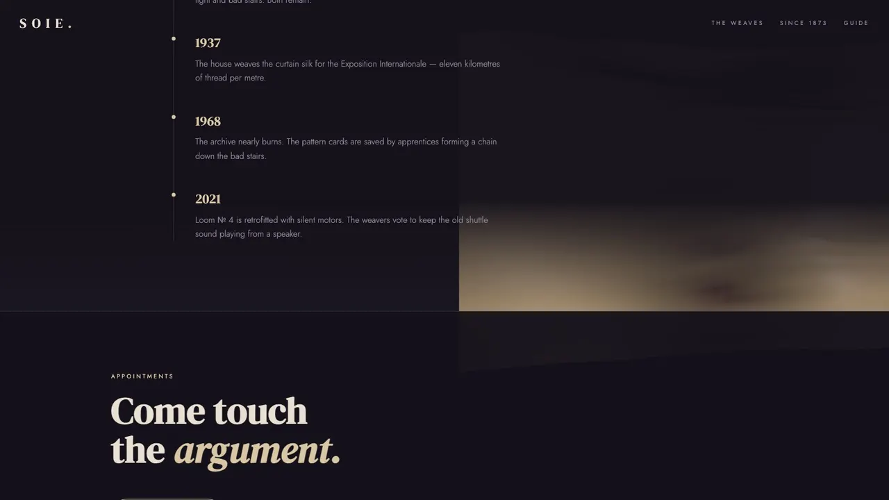 A deeper section of the SOIE silk maison website concept on a desktop screen