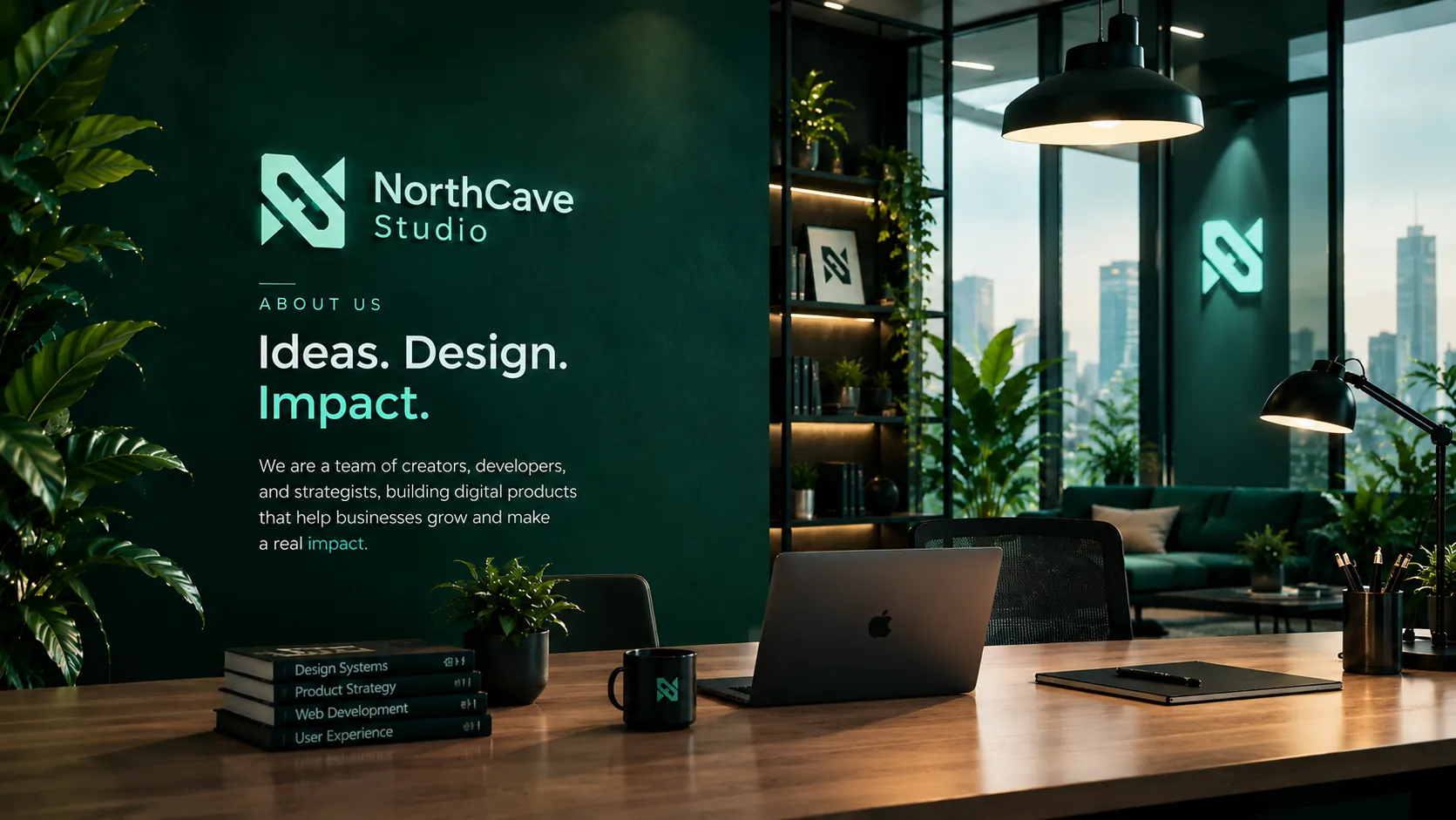 Illustration of a Northcave Studio workspace with the logo on a green wall, a desk, a laptop and plants