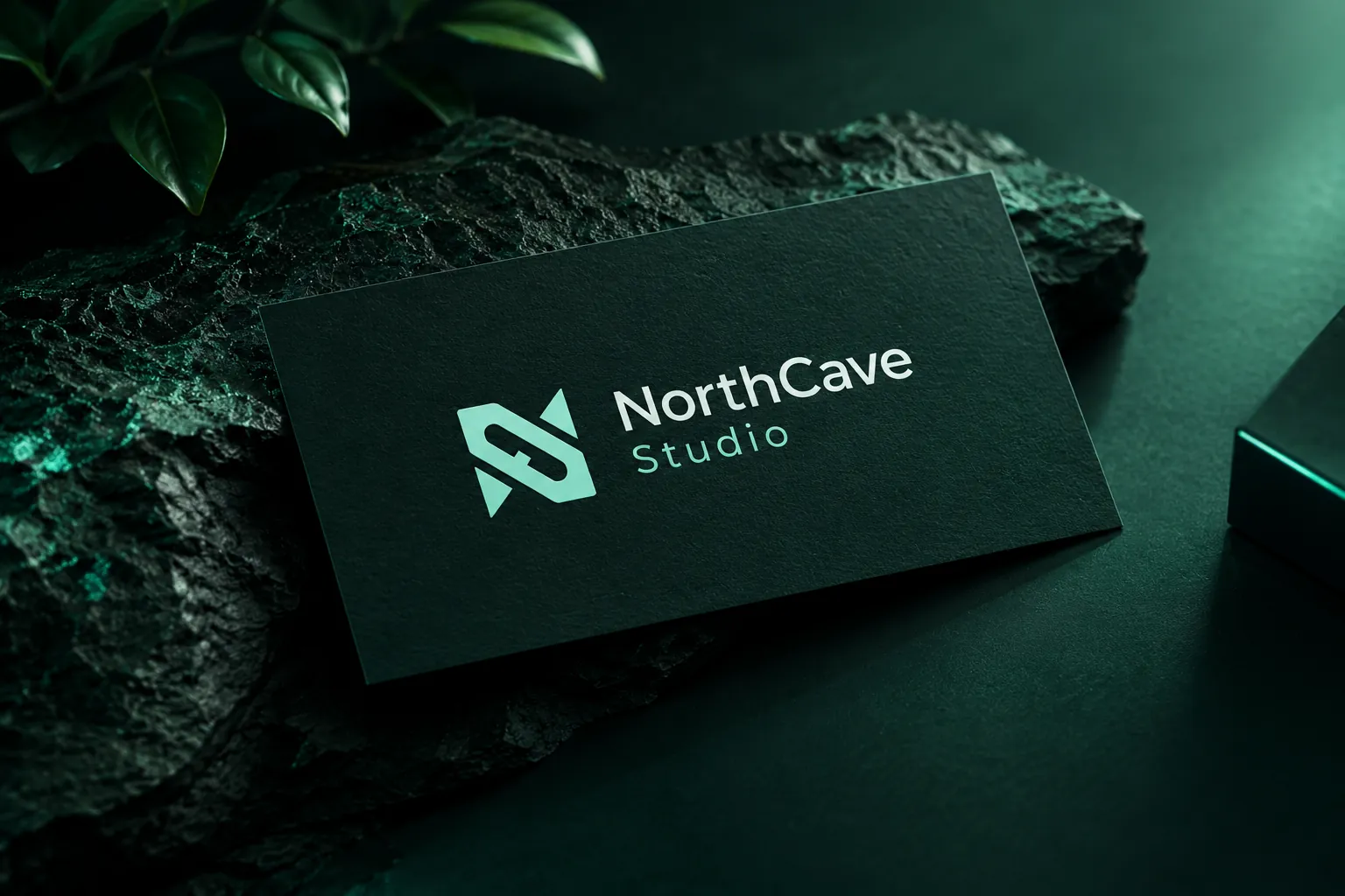 Northcave Studio business card with the logo, resting on dark green stone beside a plant