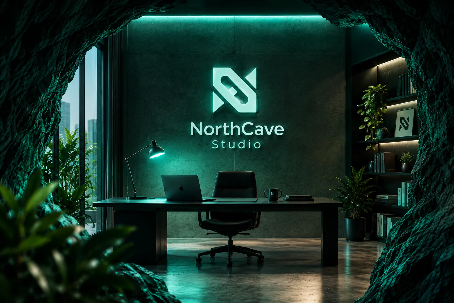 Illustration of a Northcave Studio desk seen through a cave opening, with the glowing logo on a green wall behind a laptop and lamp